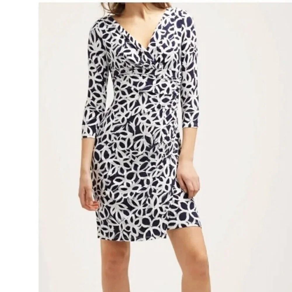 Lauren Ralph Lauren 14 Fitted Sheath Dress Navy Blue White Doodle Floral Print